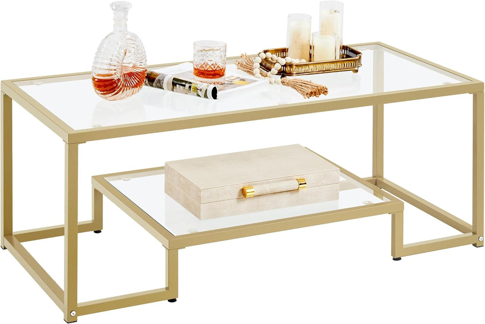 Yaheetech 42" Small Gold Coffee Table for Living Room, 2-Tier Glass Shelf