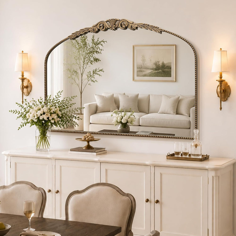 Besdomus Gold Large Fireplace Mirror: 48"x33" Baroque Vintage Arche...