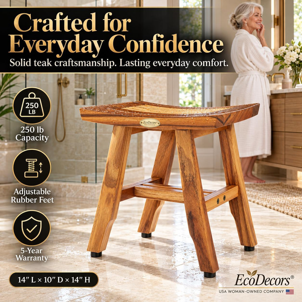 EcoDecors Satori Teak Shower Shaving Stool, 14-Inch Height x 12" Depth