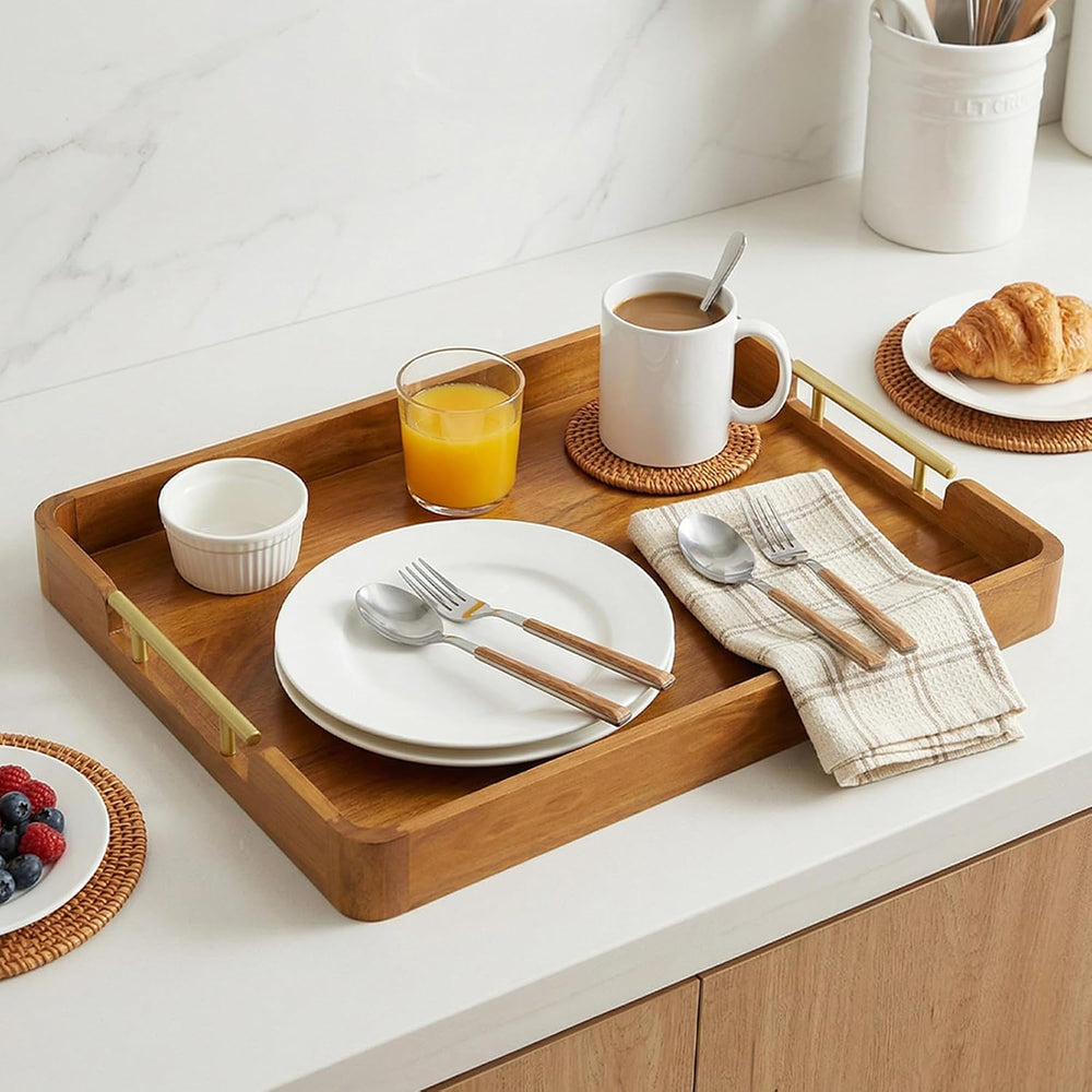 Solid Teak Wood Serving Tray with Handles, 20 x 14 Inch