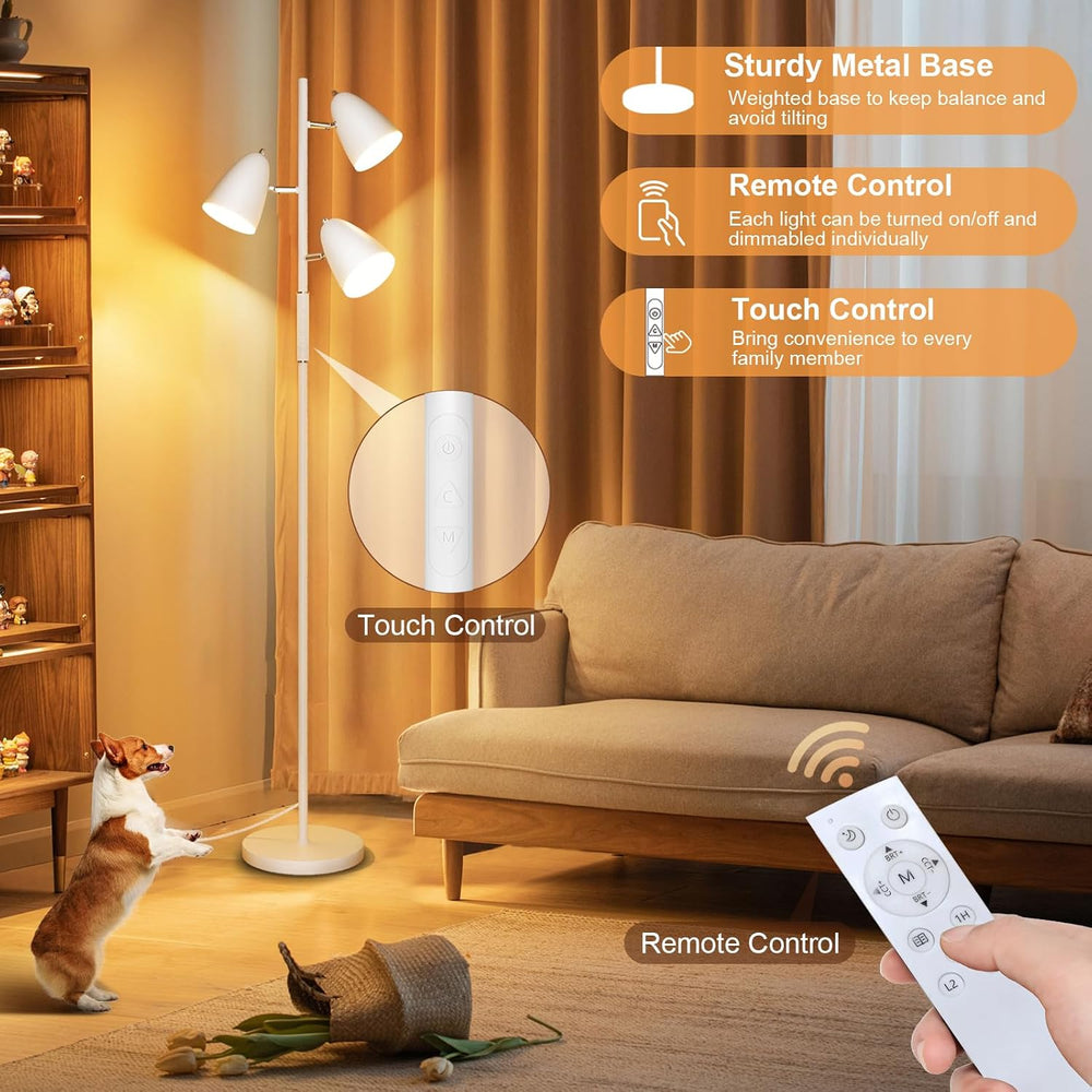 36W LED Floor Lamp for Living Room, Modern White 3-Light Tree Standing Lamp
