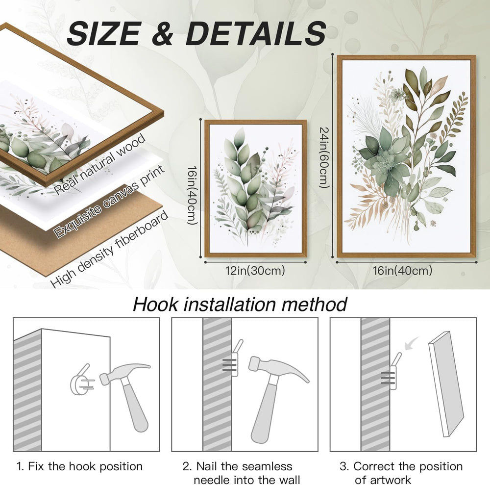 HLXRAE Neutral Sage Green Botanical Floral Wall Art, Wood Framed 12"x16&...
