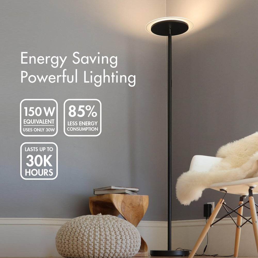 Tenergy Modern Torchiere Floor Lamp, 3000L LED, 30W, Remote Control, Touch Di...