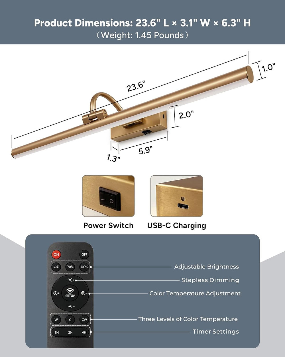 23.6" Gold Battery Picture Light for Wall Art