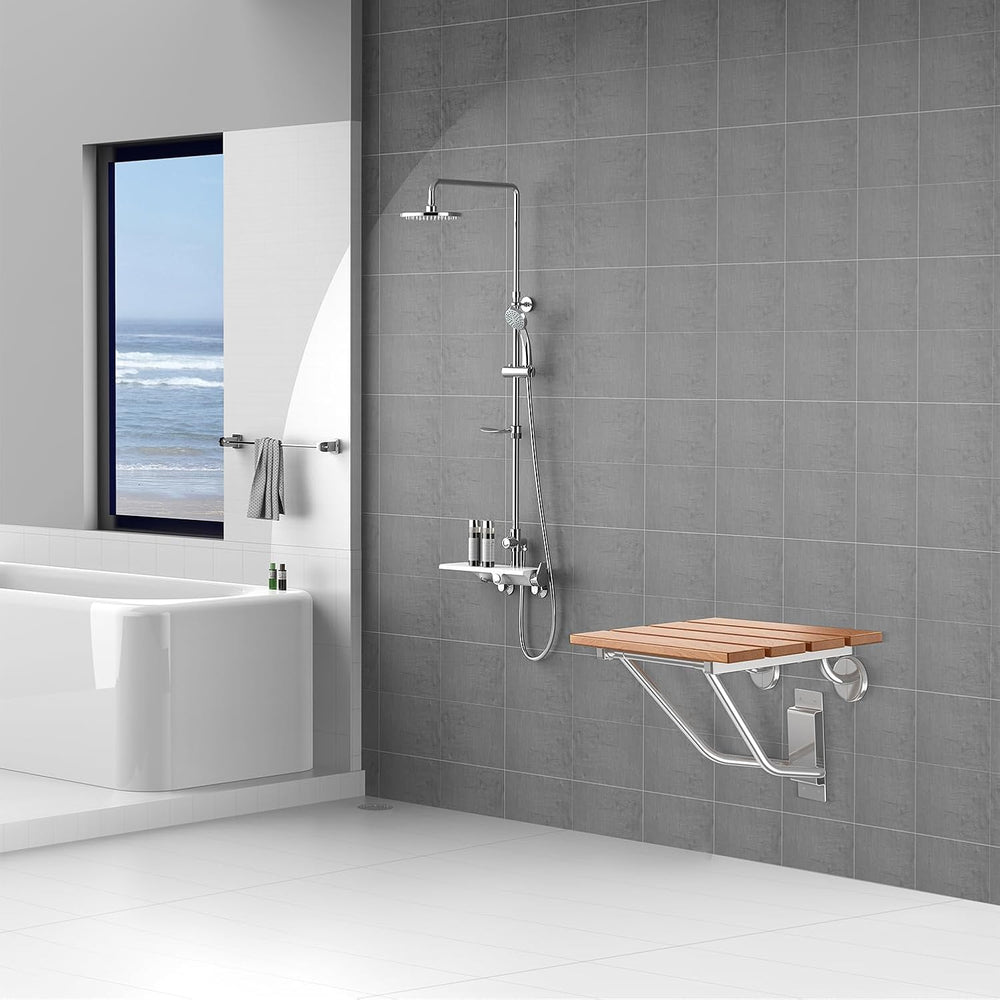 Folding Shower Seat & Chair Wall Mounted for Adults, Fold Down Shower Ben...