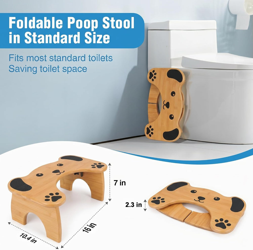 Foldable 7-Inch Bamboo Toilet Stool for Adults, Dog Design