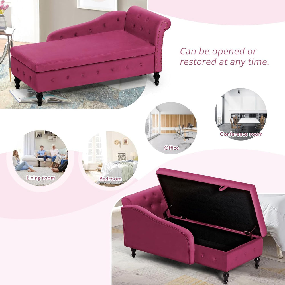 Velvet Chaise Lounge w/Right Armrest & Storage Space, Fuchsia