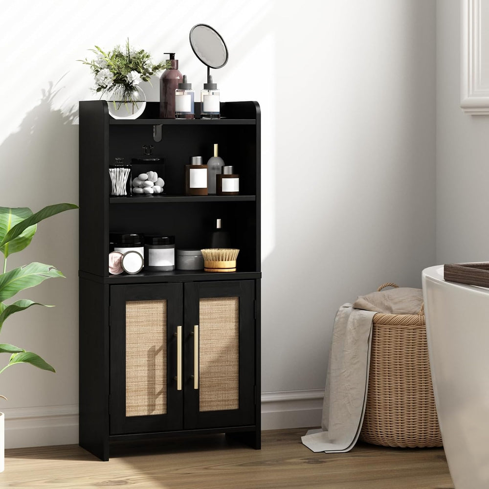 Small Bathroom Storage Cabinet with 2 Doors & Shelf,Rattan Black