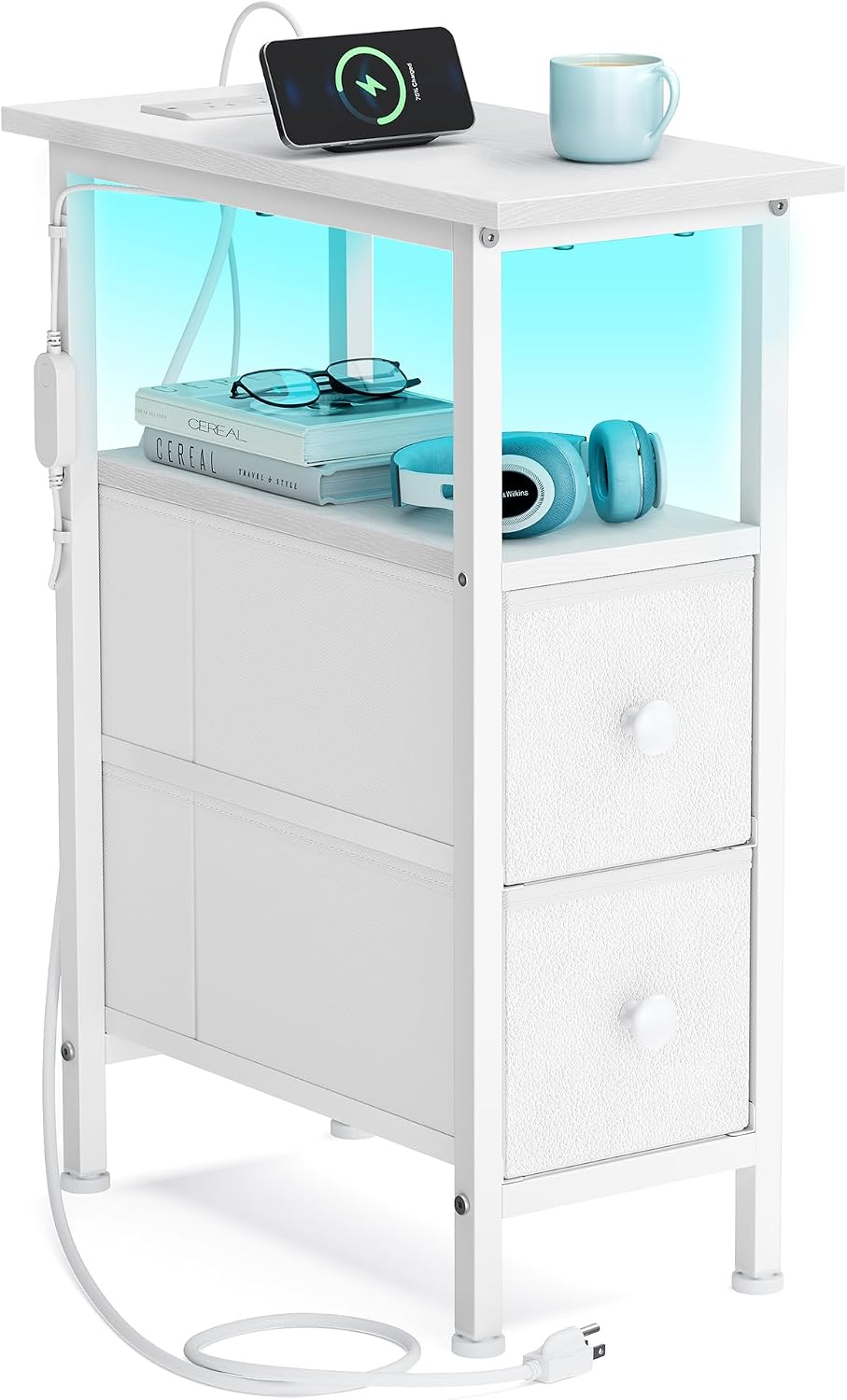 SONGMICS Side Table with LED Light, Narrow End Table with 2 Fabric Drawers