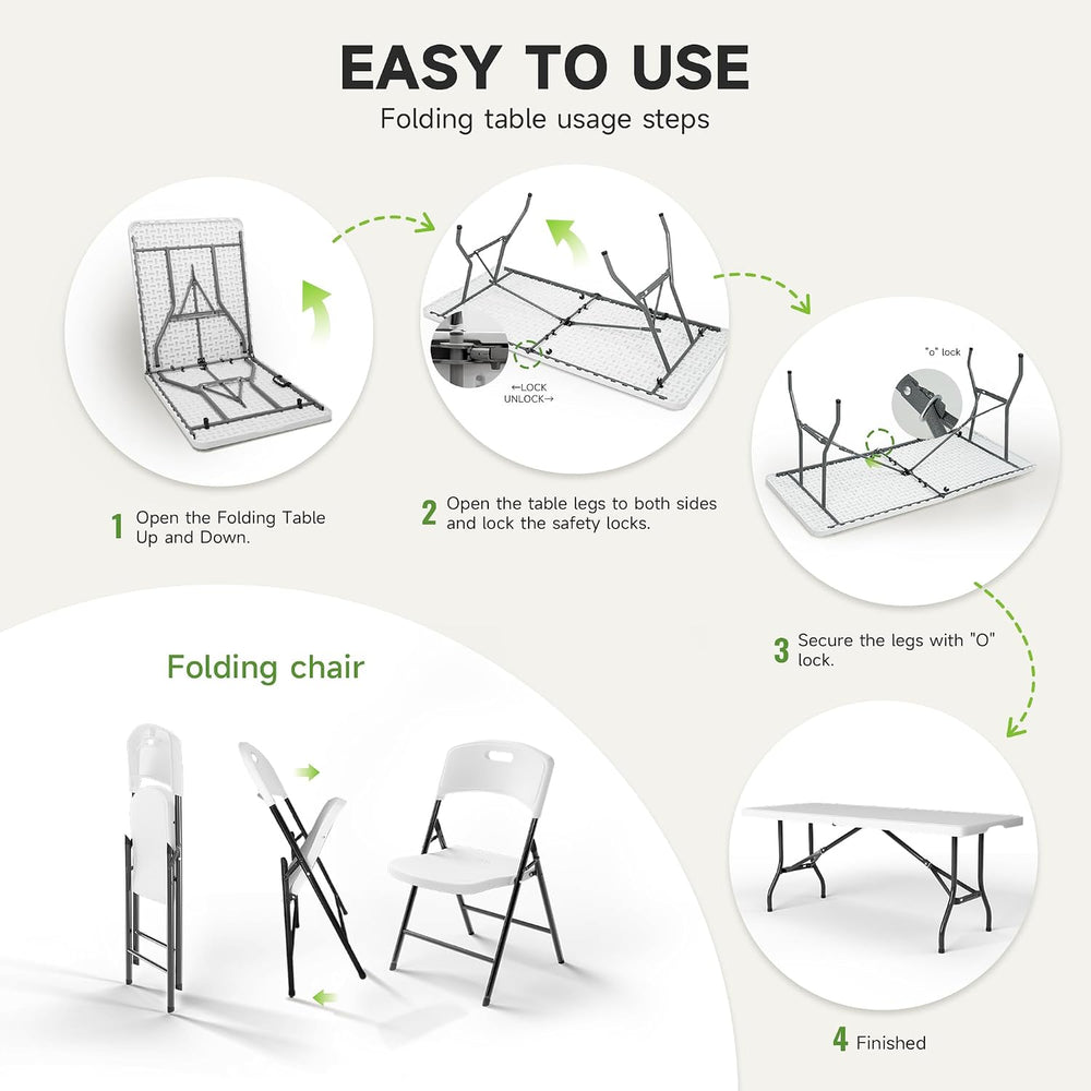 6FT Folding Table Set with 4 Chairs – Heavy-Duty 330 lb Table & 600 lb Ch...