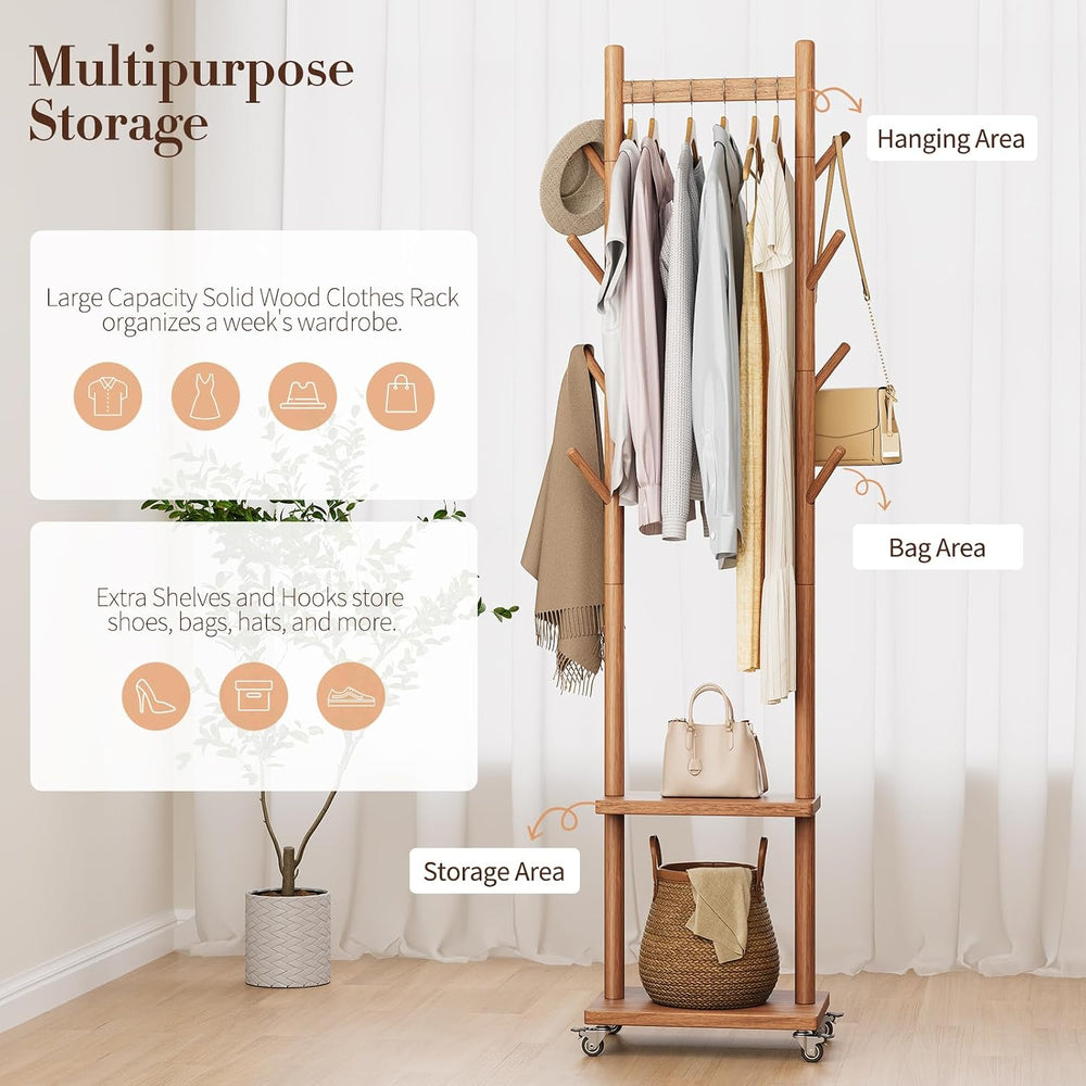 Yoobure Solid Wood Coat Rack Freestanding - Rolling Clothes Rack with 8 Hooks...