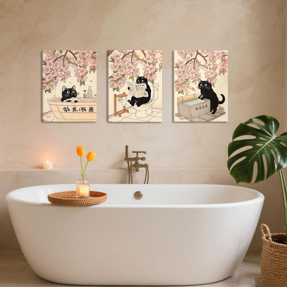 Funny Japanese Bathroom Wall Art Set of 3, Whimsical Black Cat Bathroom Wall ...
