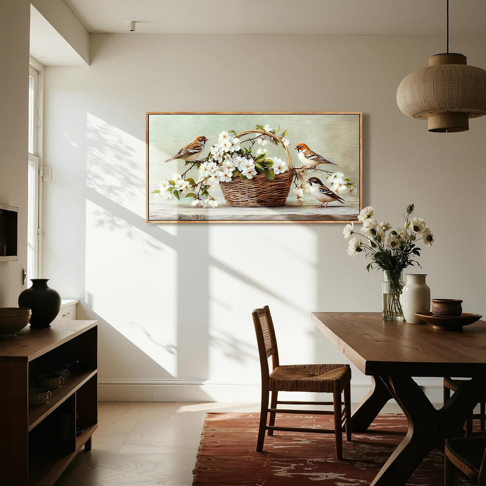 Kinetrix Farmhouse Floral Bird Framed Wall Art Large Flower Decor Neutral