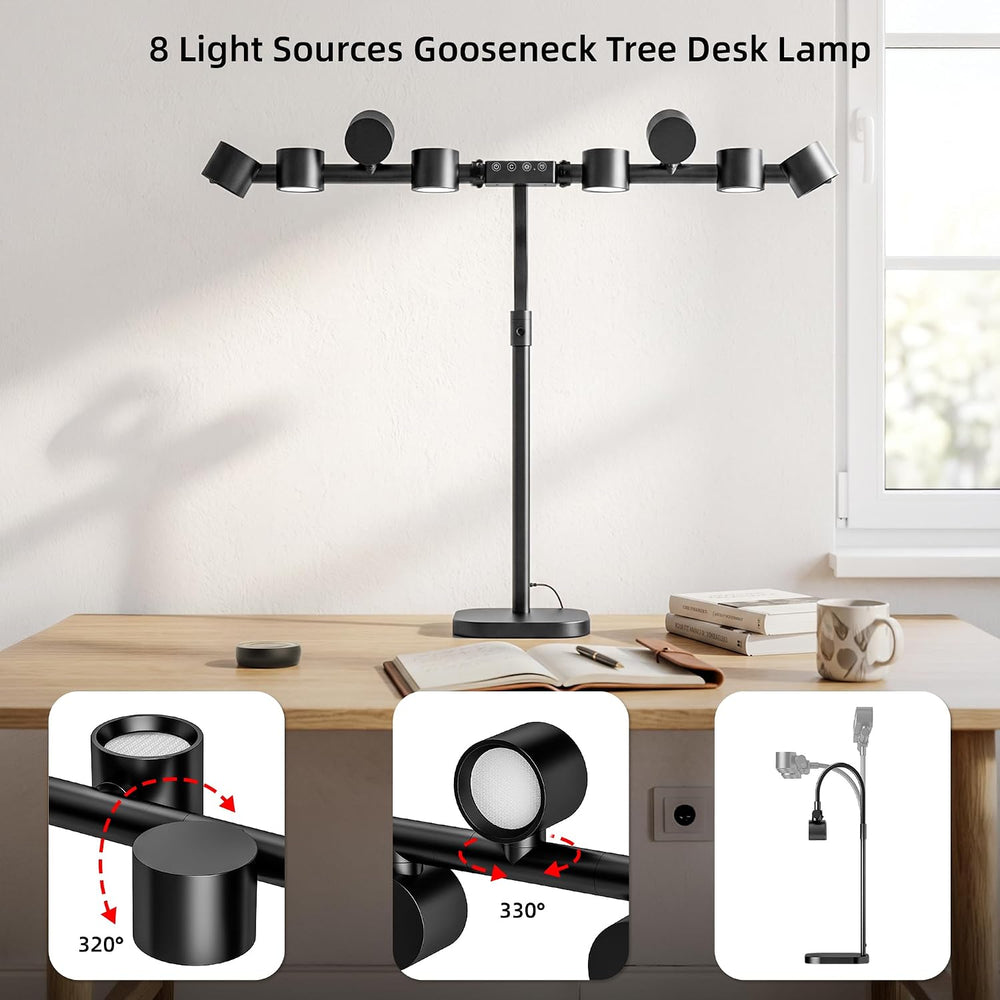 Omorepa 8 Light Sources Gooseneck Tree Desk Lamp with Base, 24W Eye-Care Brig...