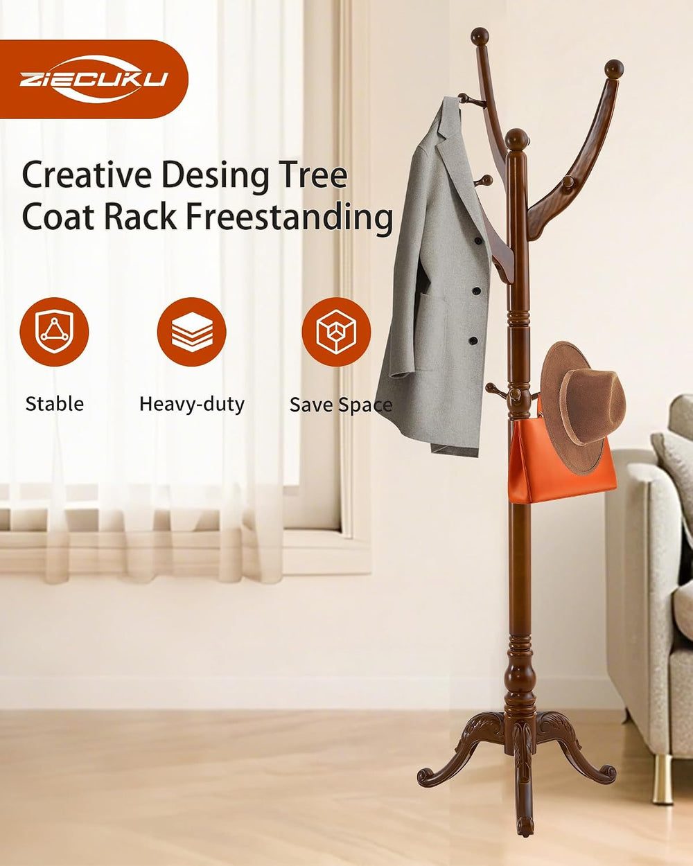Coat Rack Freestanding,Solid Wood Coat Hall Tree with 13 Hooks