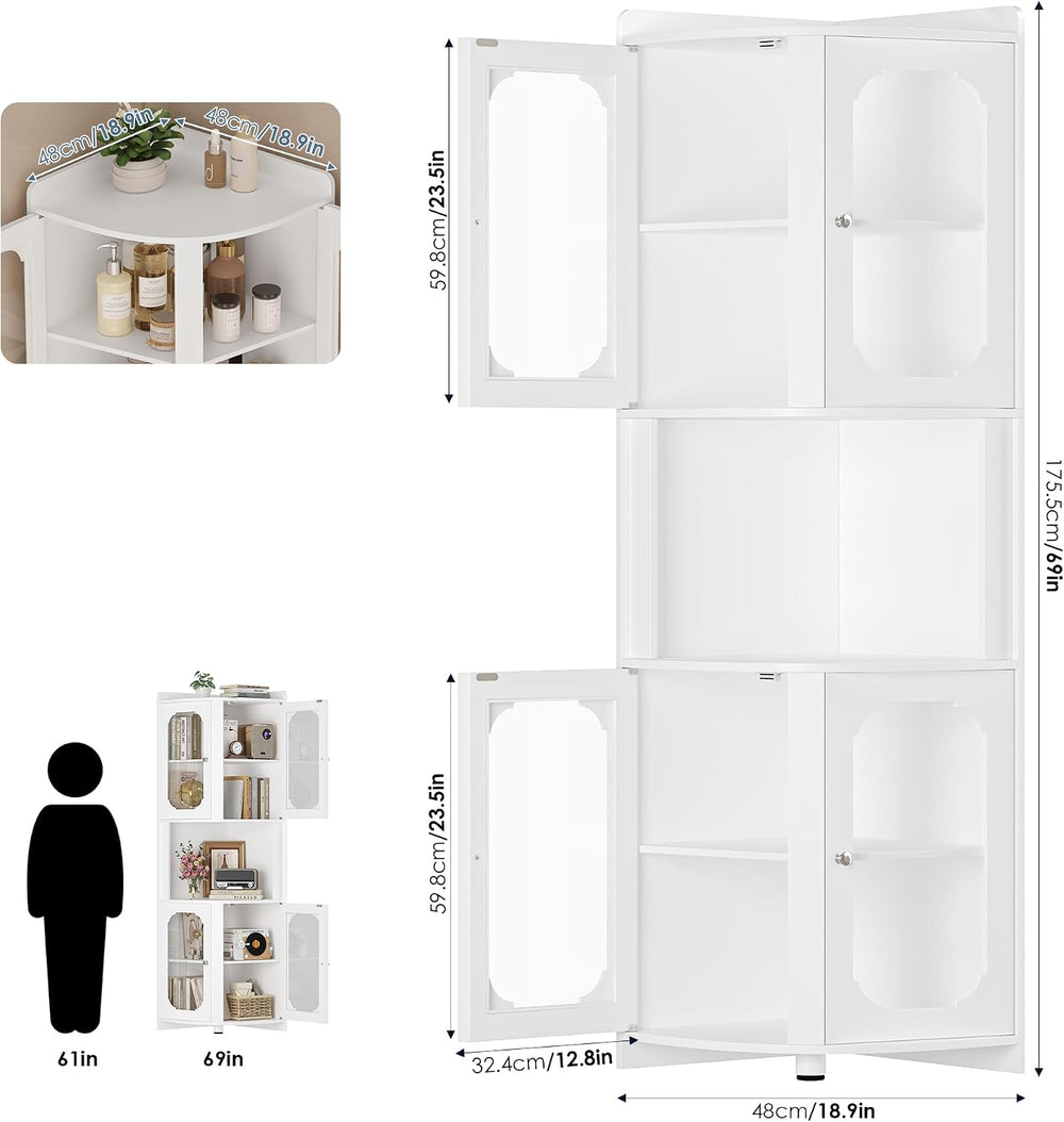 69" Tall Corner Storage Cabinet, 5-Tier Corner Hutch with Glass Doors,White