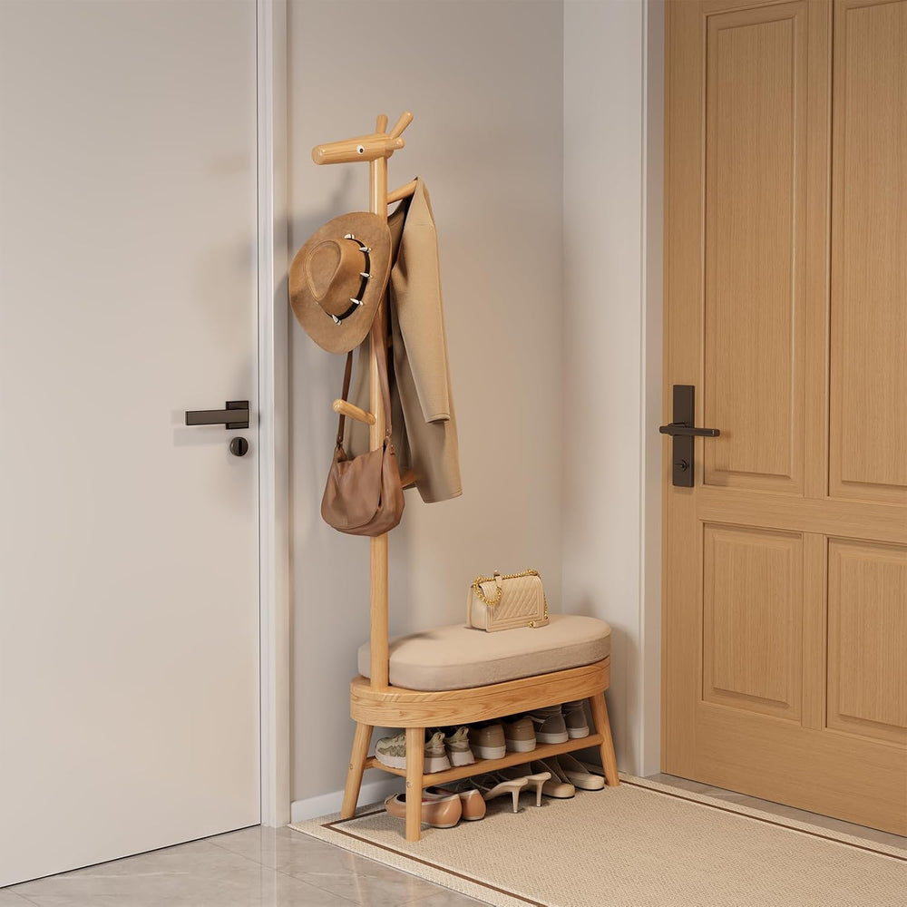 AQIMUELE Shoe Bench with Coat Rack, Shoe Rack with 9 Hooks, Natural