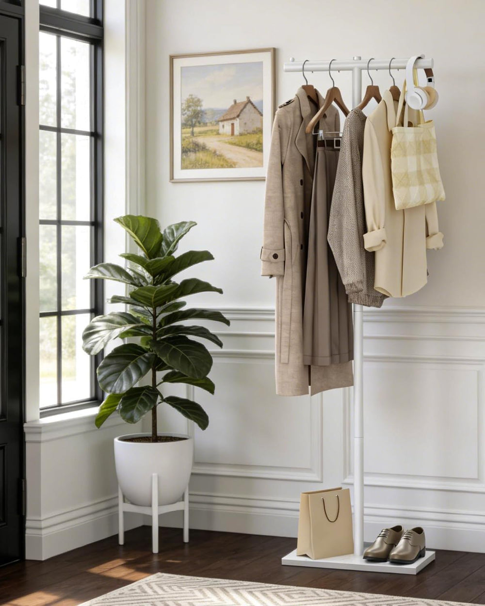 T-shaped Coat Rack Freestanding, Metal Hanger, White, 68.9 In High