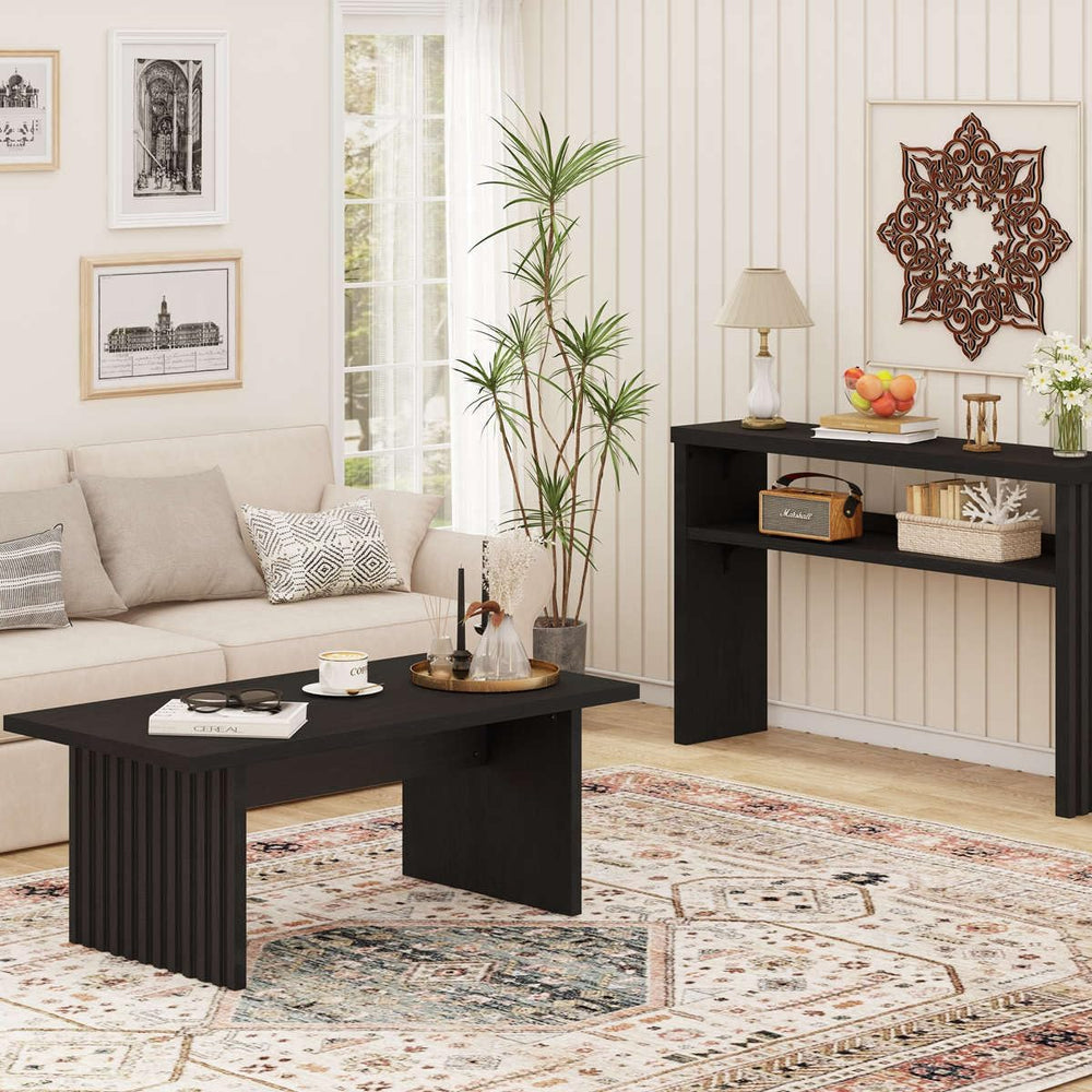 BON AUGURE Black Coffee Table, 43 Inch Fluted Living Room Tables, Modern