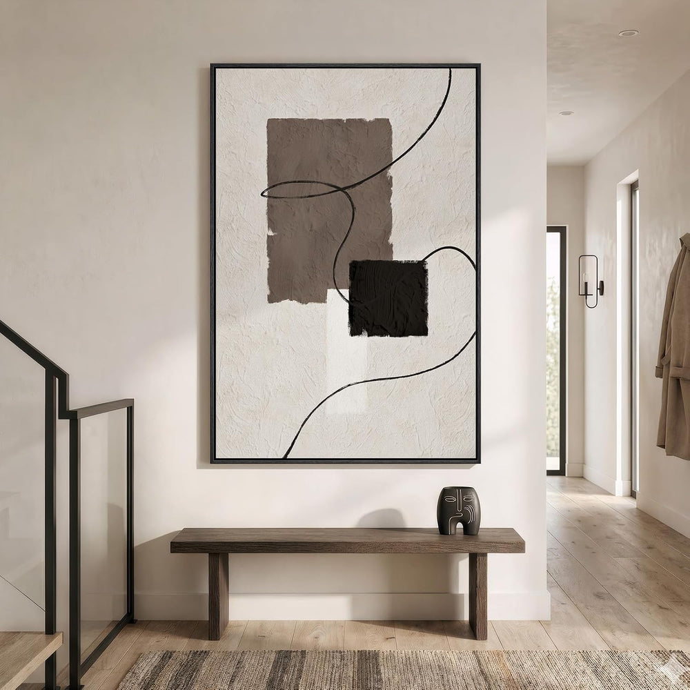 Extra Large Framed Neutral Beige Brown Abstract Wall Art, Vertical 40x60 In