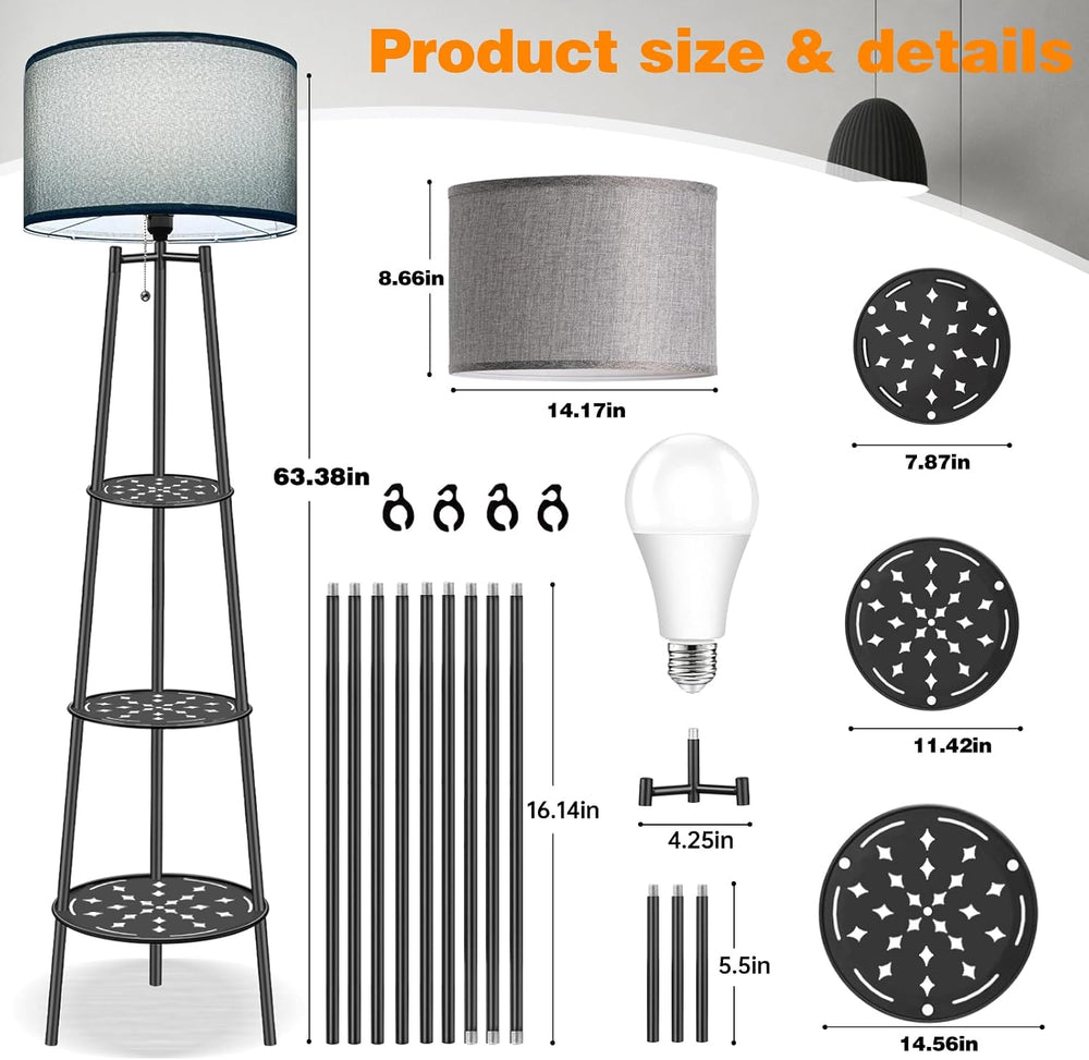 Floor Lamp with Shelves, Gray Shade Standing Lamp