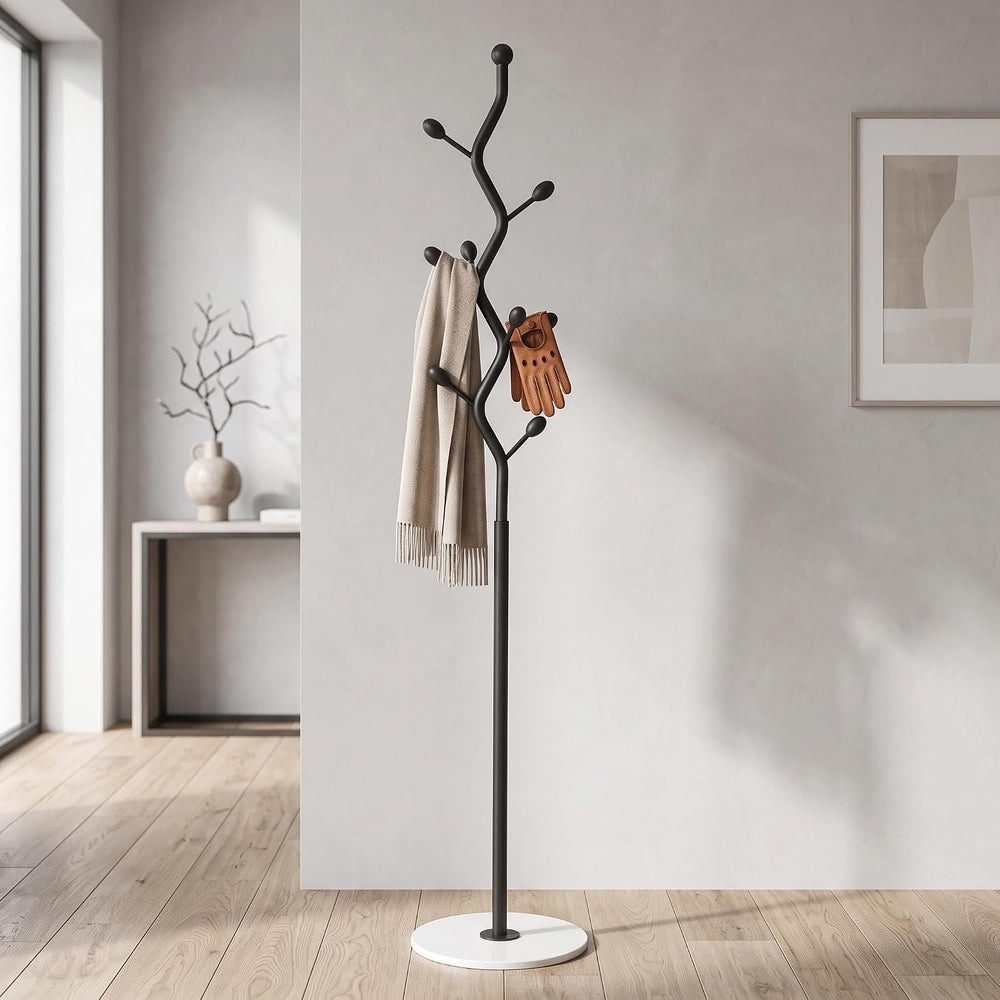 Black Freestanding Coat Rack & Tree Marble Base 9 Hooks