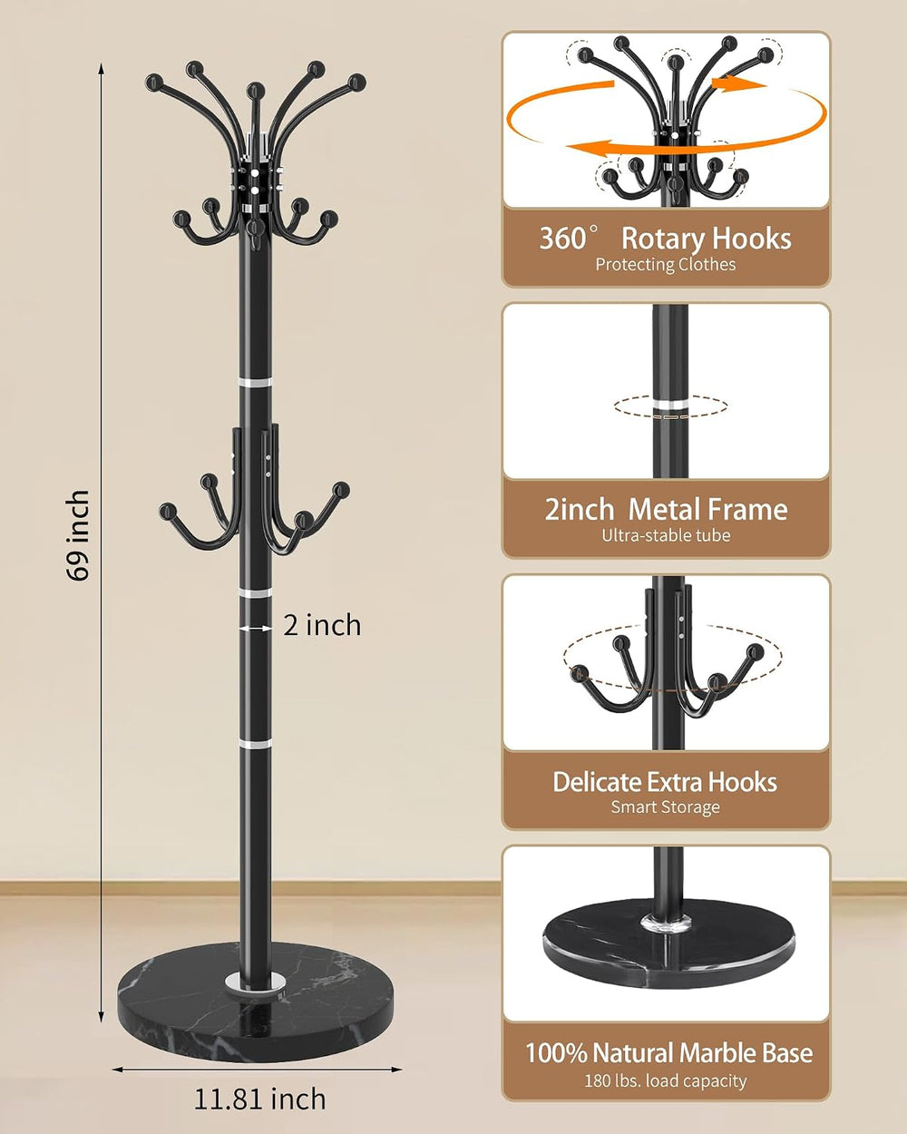 EZIVIEZ Coat Rack with 360°Rotary 14 Hooks Umbrella Holder Marble Base