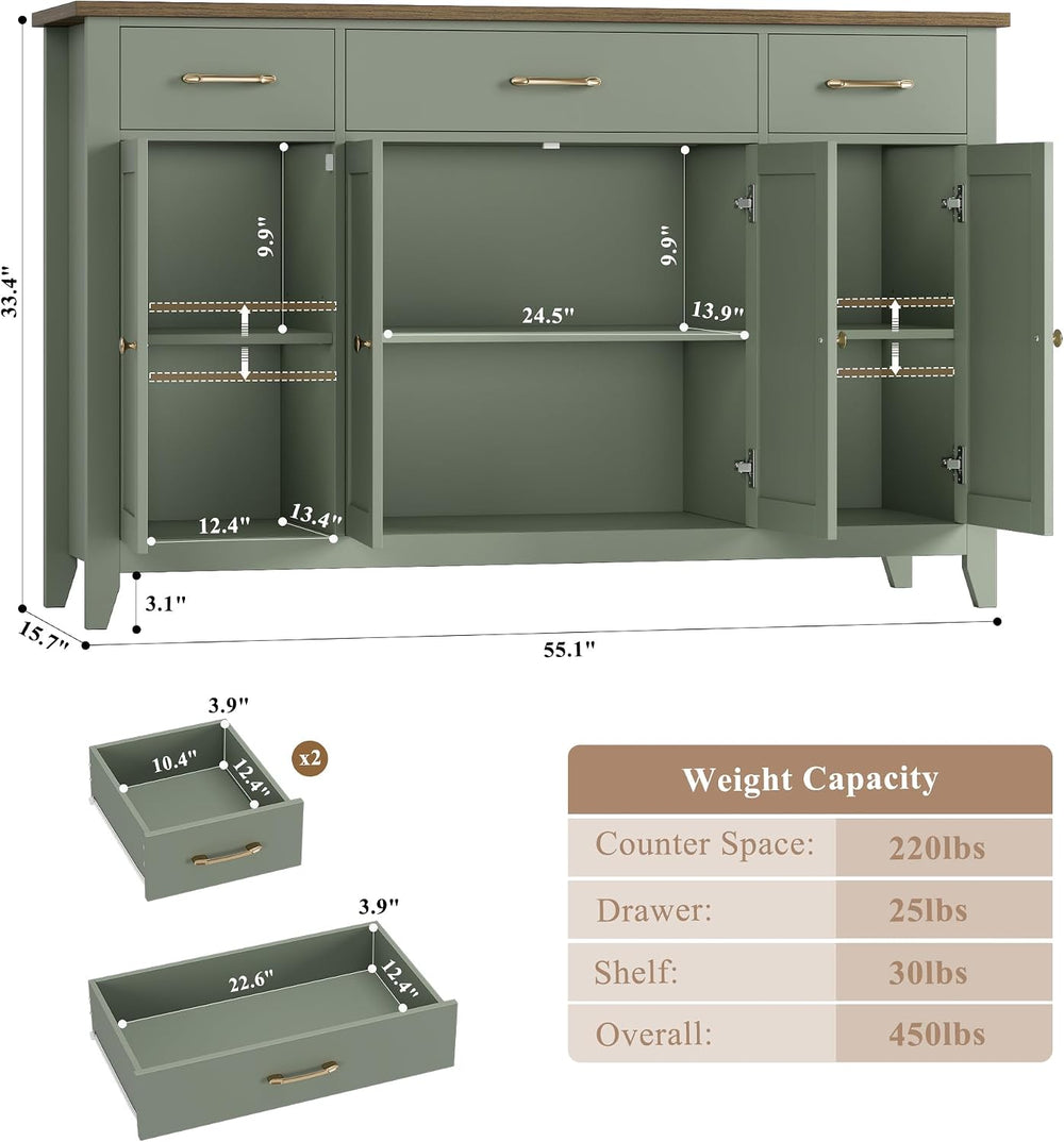 HORSTORS 55" W Buffet Cabinet with Storage, Kitchen Storage Cabinet, Green