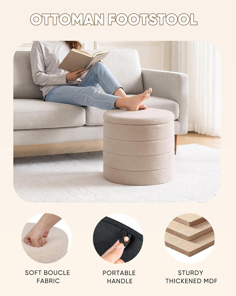 B FSOBEIIALEO Folding Storage Ottoman, Round Sherpa Ottomans, Beige