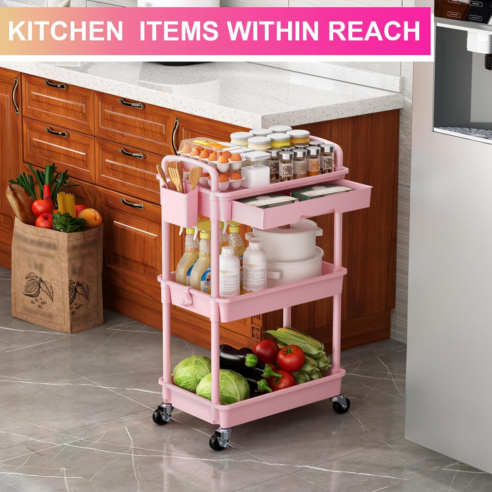 Goovilla 3 Tier Rolling Utility Cart Organizer with Removable Drawer, Pink