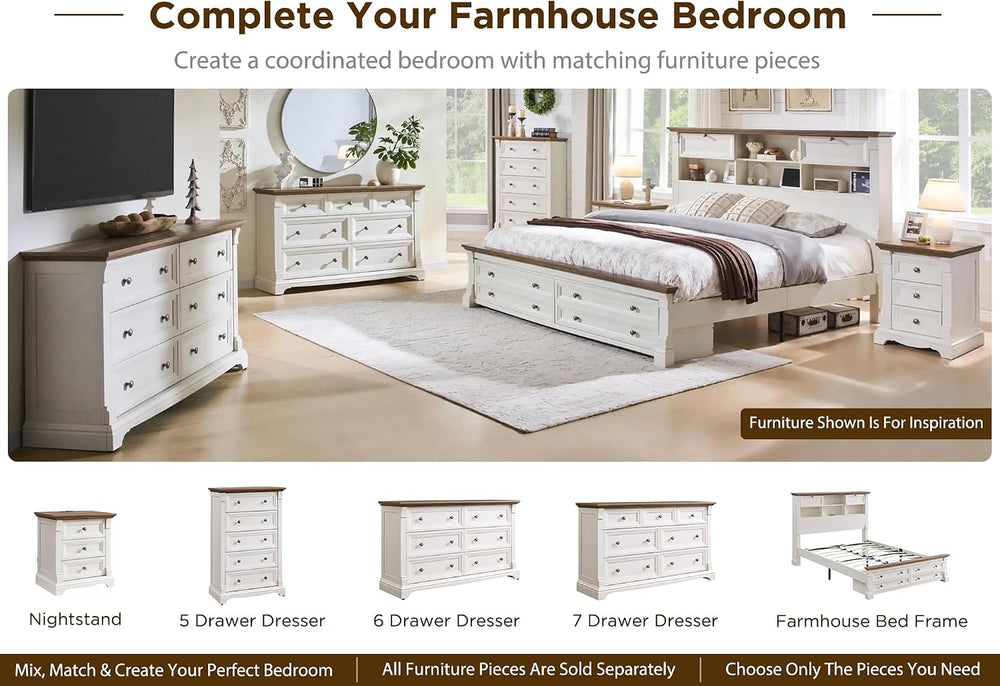 Farmhouse King Size Bed Frame with 2 Drawers & 4 Bookcases On The Headboard