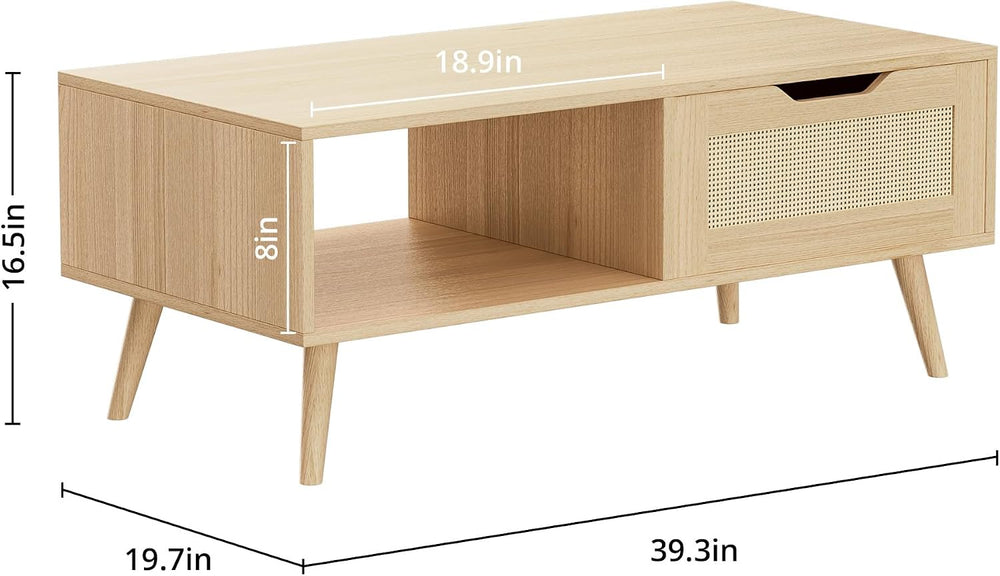 DIYART Oak Rattan Coffee Table, Mid Century Modern with Drawer & Shelf, 3...