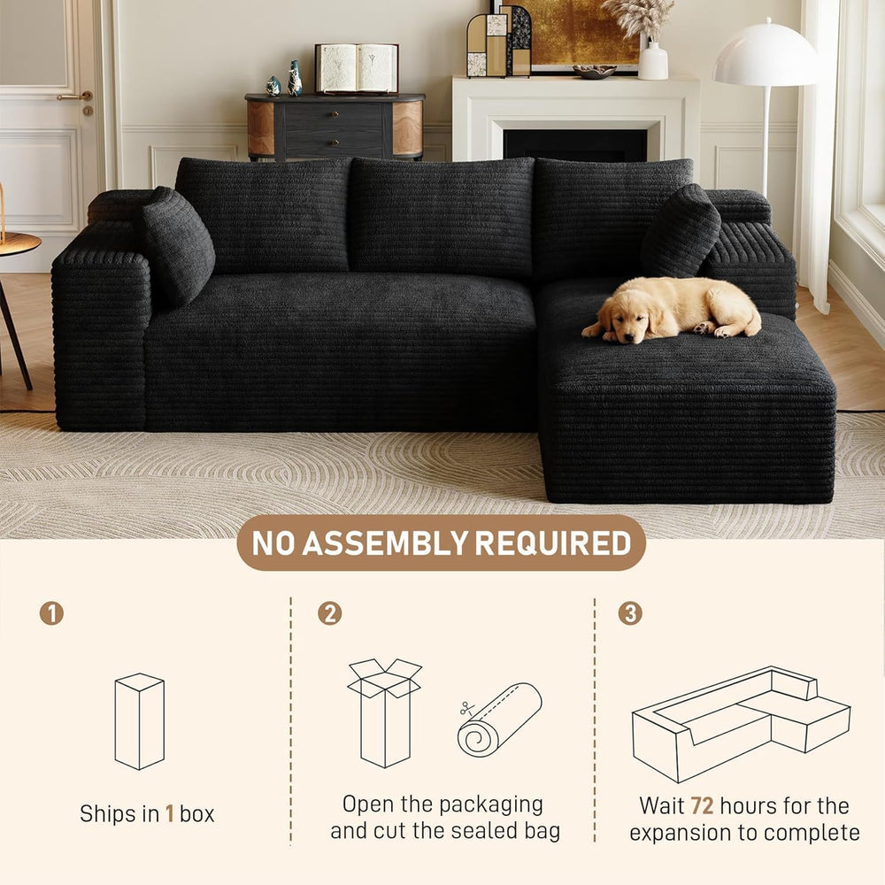 ONEMMLION 96" L-Shaped Cloud Boneless Couch Sofa with Chaise, Black