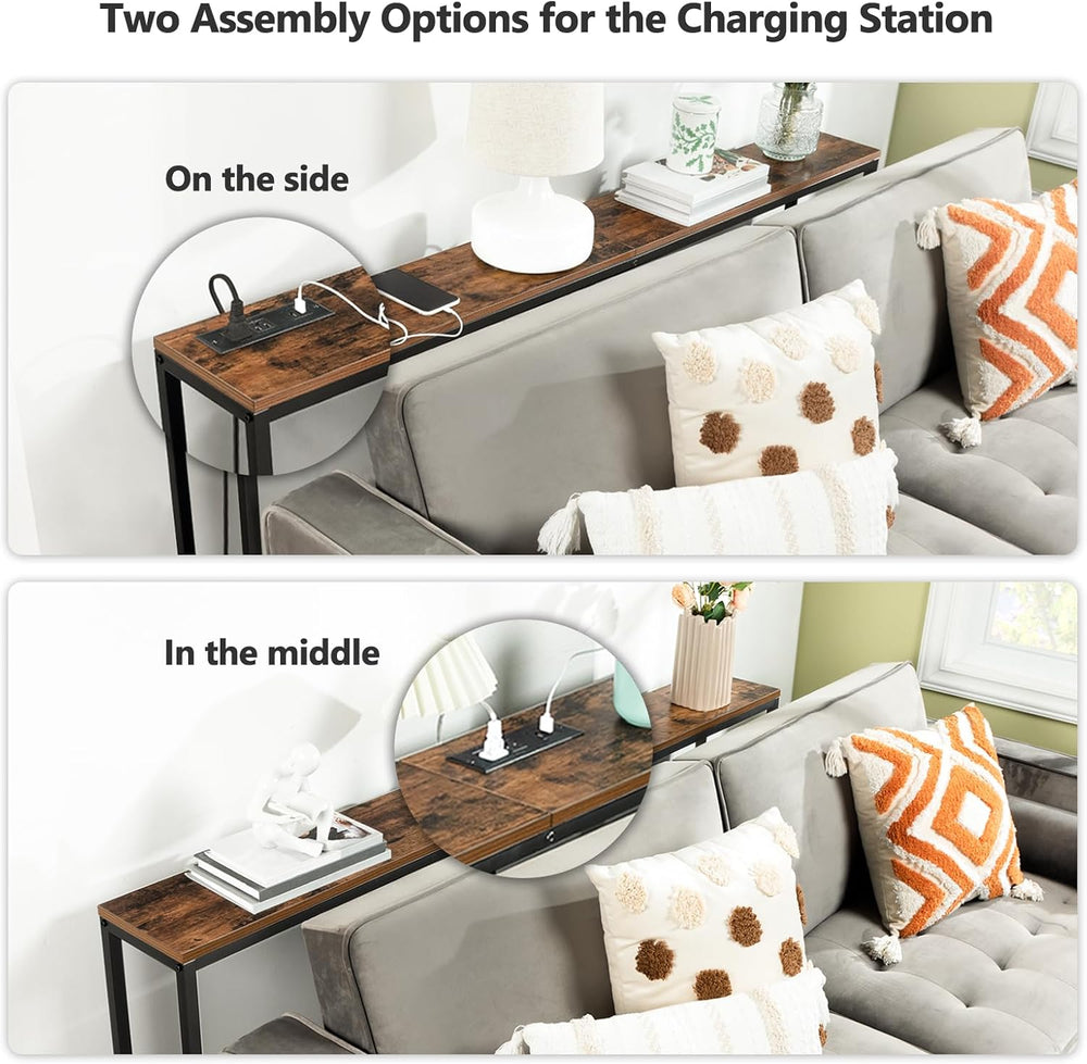 MAHANCRIS 63" Console Table with Power Outlet, Narrow Sofa Table, Brown