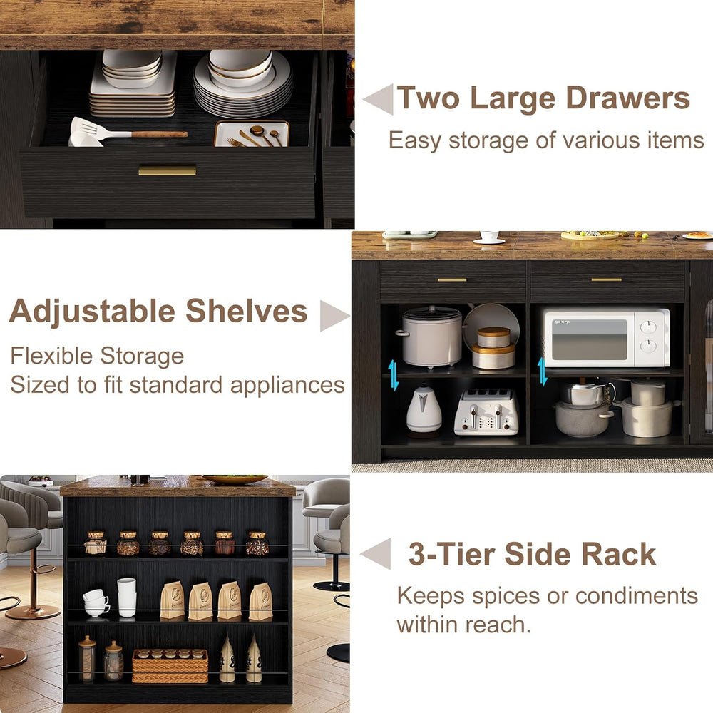 IBF 71" Large Kitchen Island with Storage and Seating, Rustic Brown &...