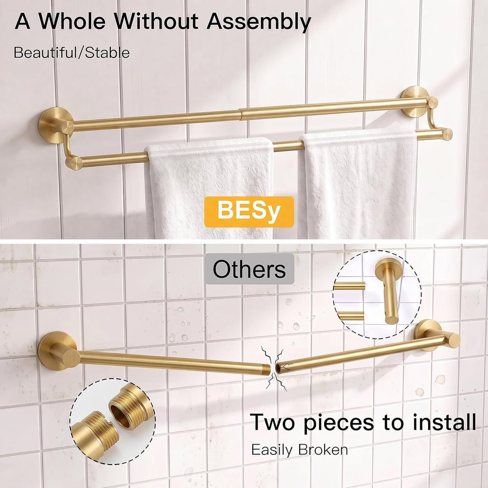 BESy Double Towel Bar Towel Rack for Bathroom Wall Mounted Brushed Gold