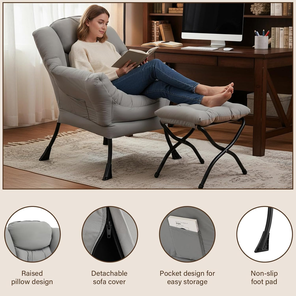Welnow Lazy Chair with Ottoman, Reading Chair with Footrest,Soft Gray