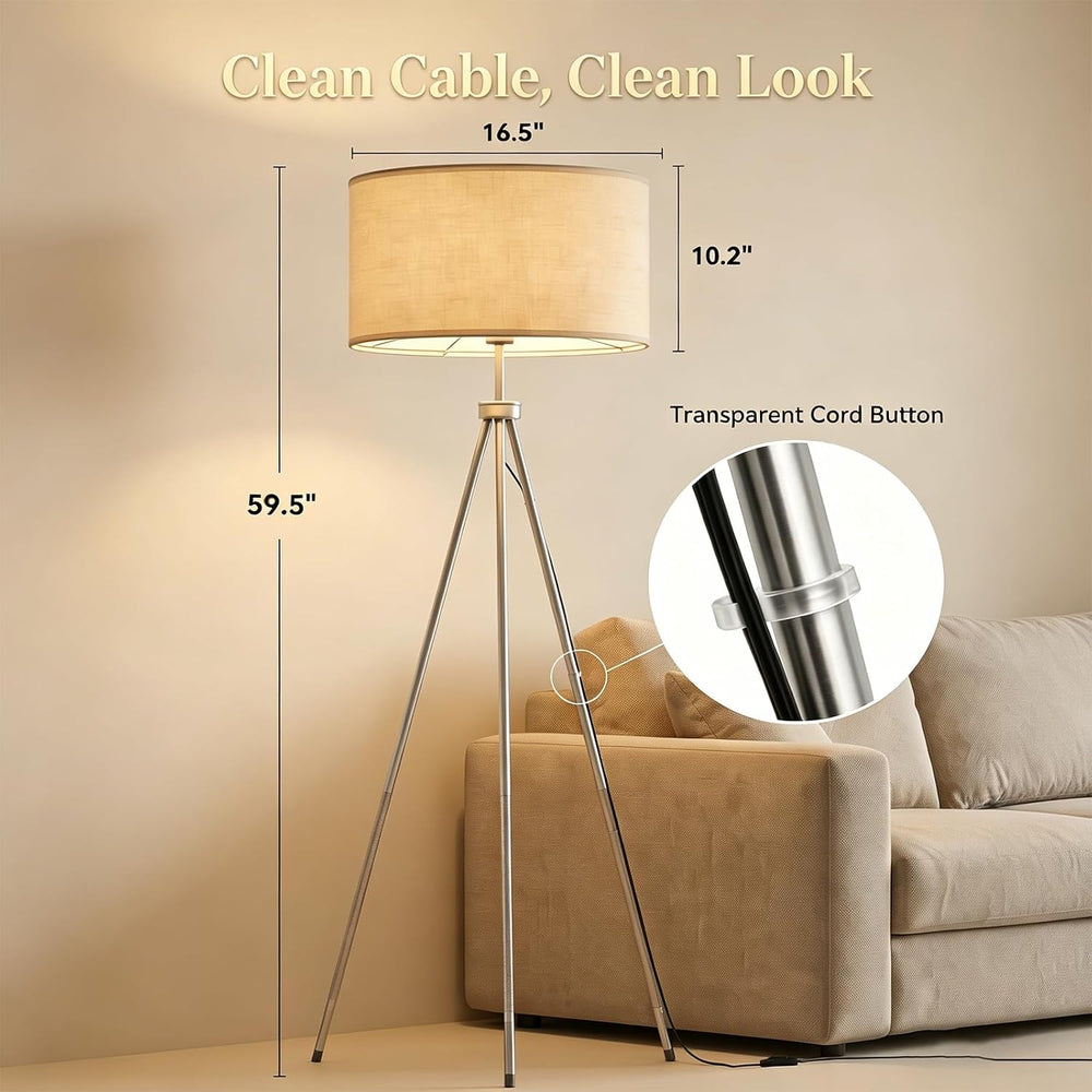 JOOFO Modern Metal Tripod Floor Lamp with Remote, 16.5" Linen Shade