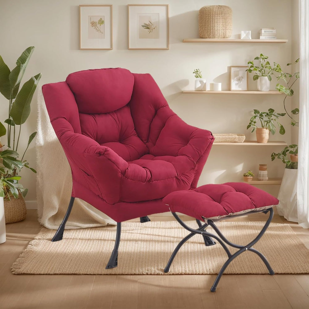 Lazy Chair with Ottoman, Soft Comfy Chair for Bedroom, Burgundy
