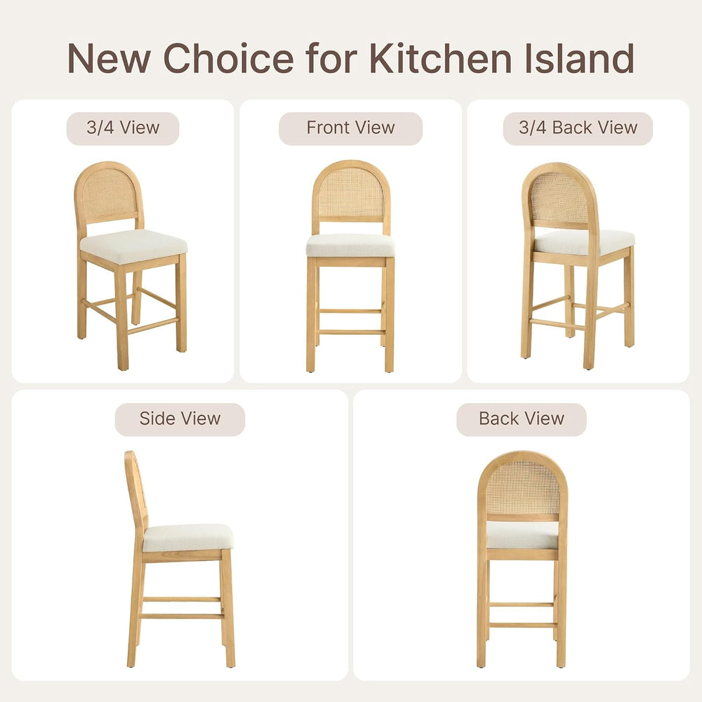 Upholstered Rattan Bar Stools, 26'' Counter Height, Set of 2, Natural
