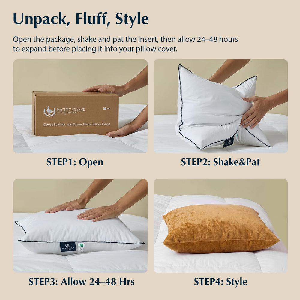 Pacific Coast Goose Feather Pillow Inserts 18x18 Set of 2, Down-Proof Throw P...