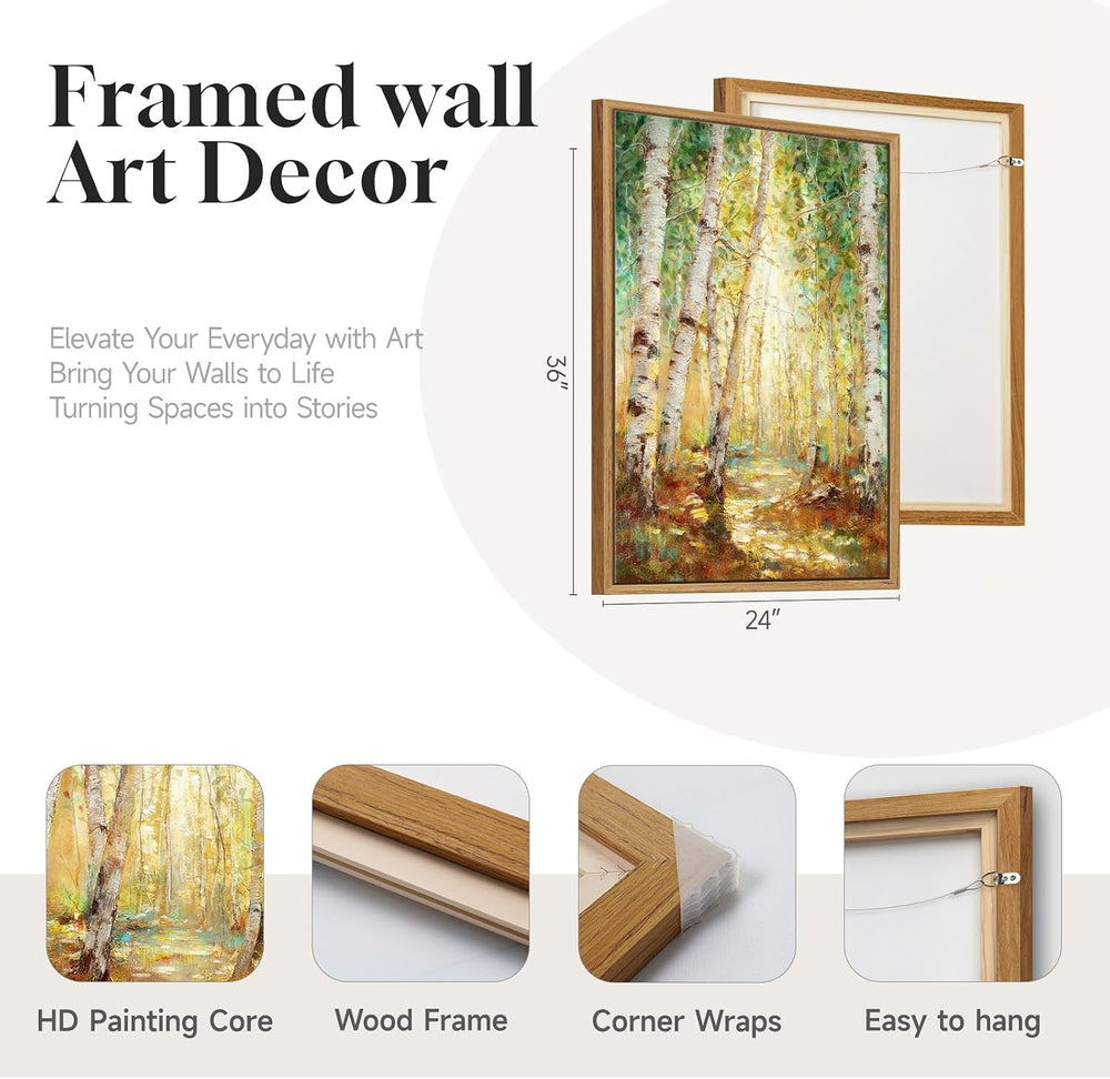 Framed Birch Tree Forest Landscape Wall Art for Living Room, 24x36 Inch