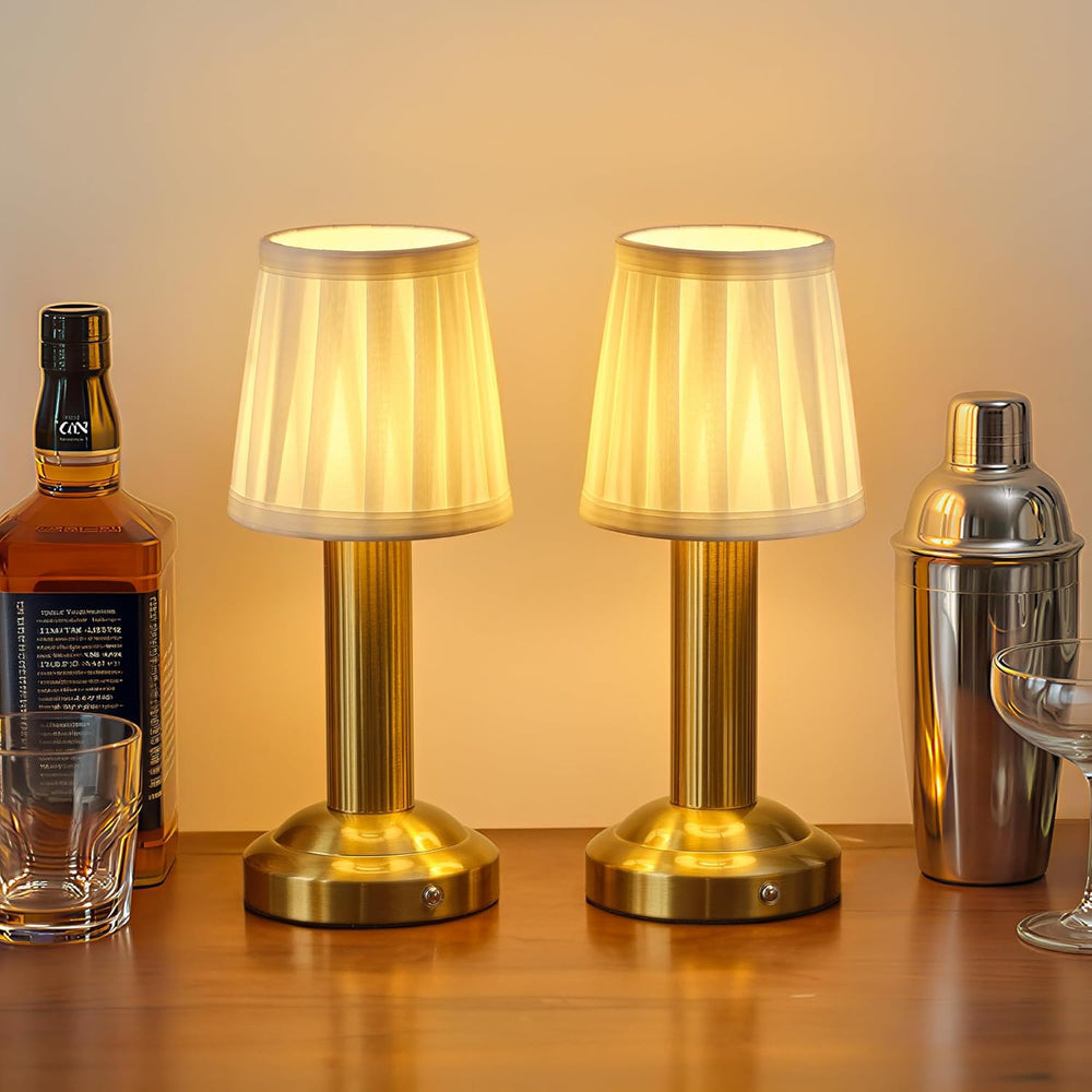 Small Cordless Table Lamp 2 Pack, Gold Fabric Shade LED Touch Lamps