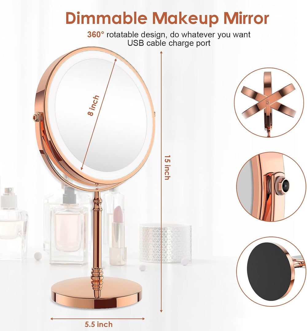 DEIOVWXS Makeup Mirror, Rechargeable Vanity Mirror with 3 Lights, 1X/10X