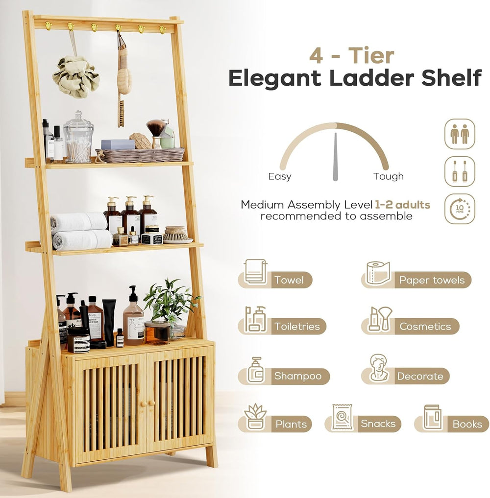 Bookshelf with Drawers, 4-Tier Bamboo Bookcase Ladder Shelf with 6 Hooks