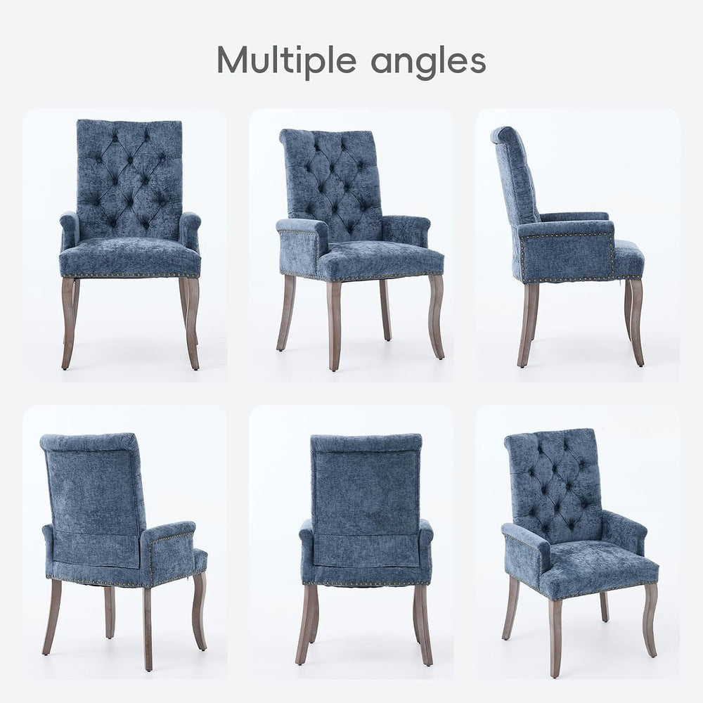 Blue Chenille Dining Chairs Set of 2, Tufted Upholstered Dining Room Chairs