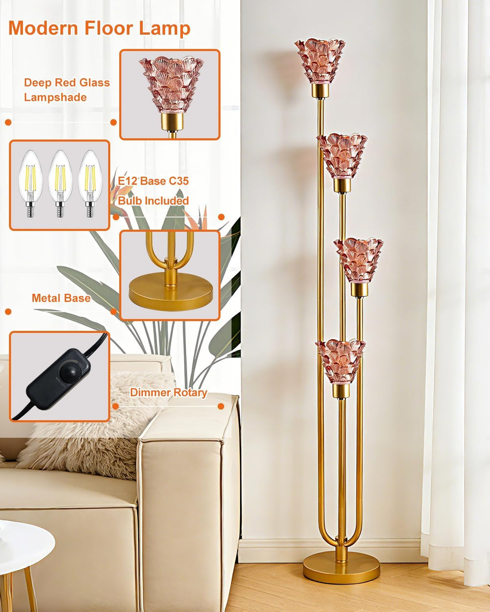 Lightdot Glass Floor Lamp Dimmable 4-Light Red Shade Gold Floor Lamps