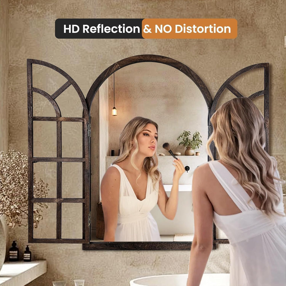 AMOISE Arched Wall Mirror with Wood Window Pane Frame, 24 x 36 Inch, Brown