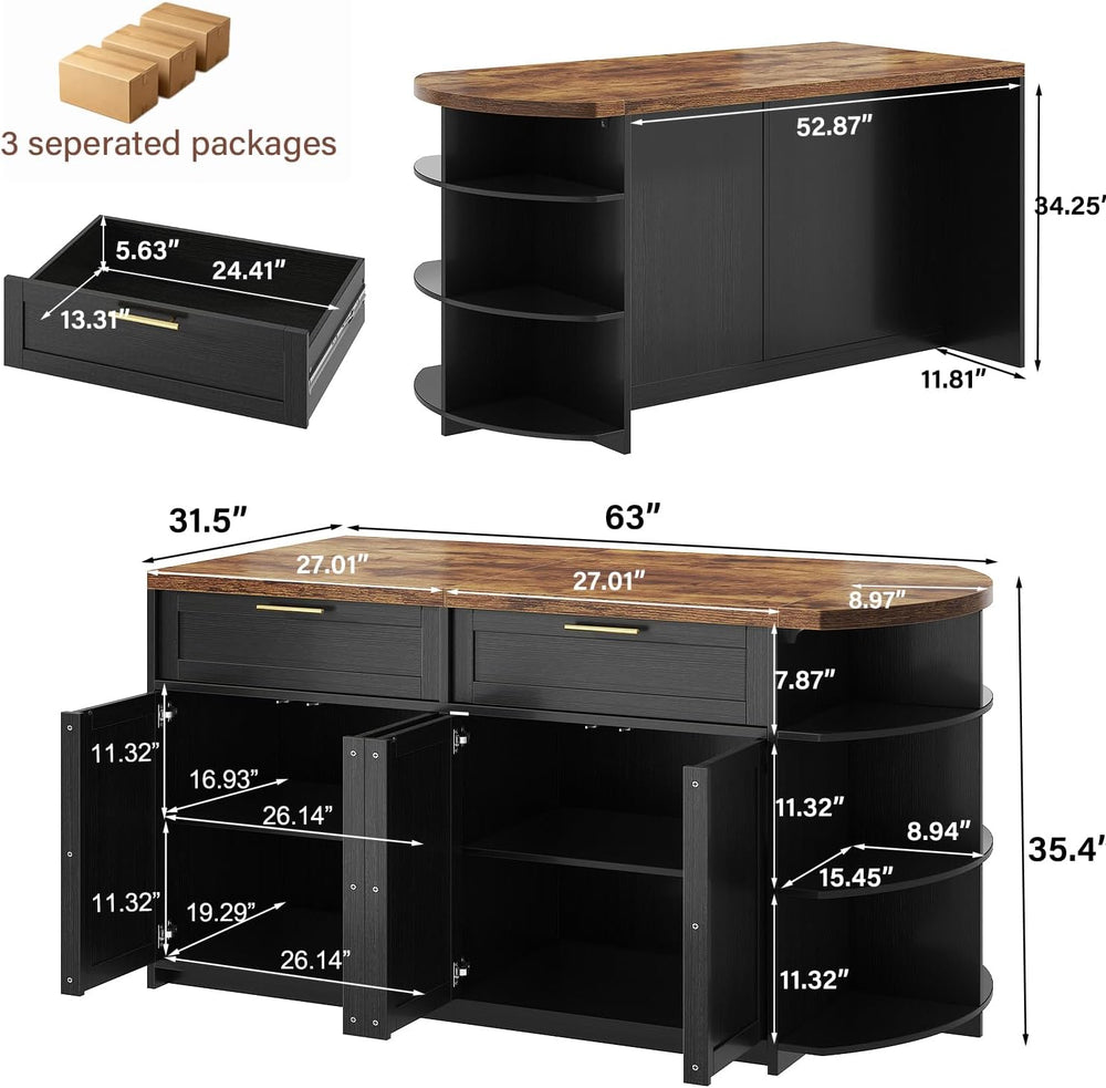 HSH 63 Inch Large Kitchen Island with Storage and Seating, Rustic Brown