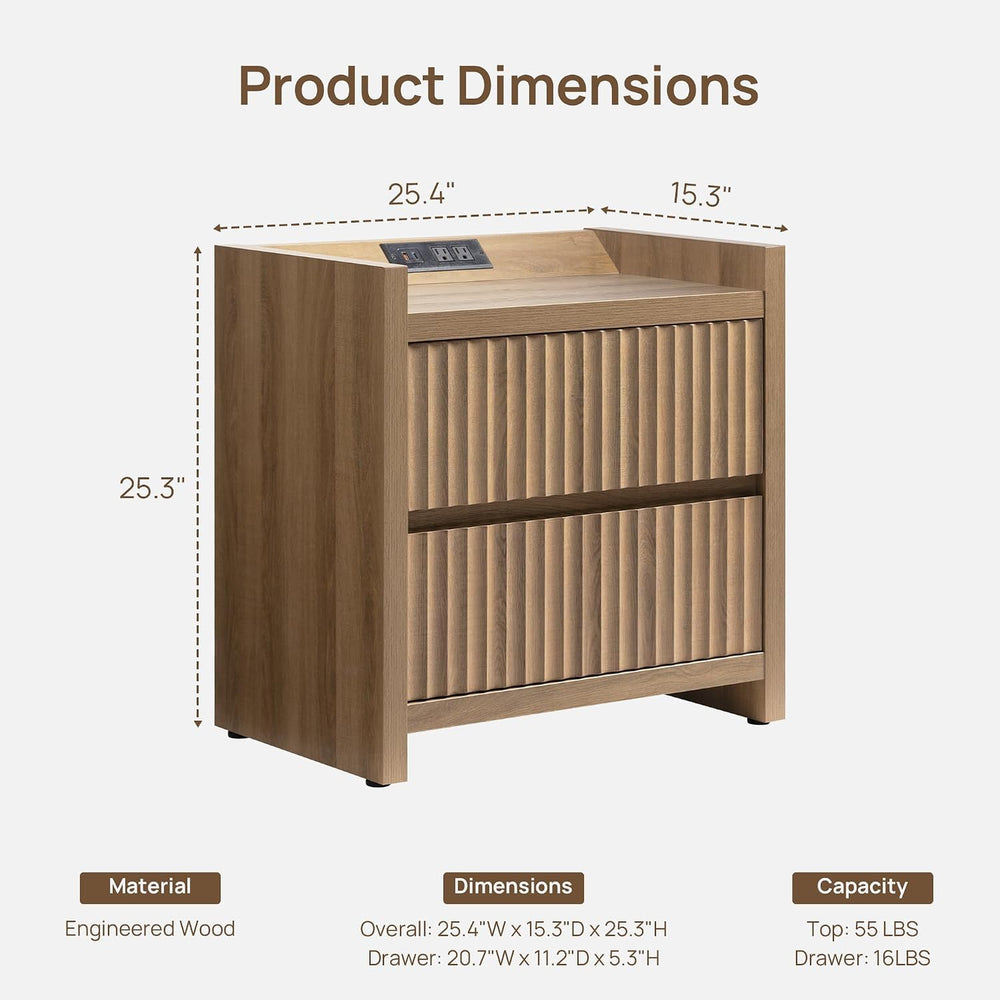 SICOTAS Night Stand Set 2 with Charging Station, Fluted Nightstands